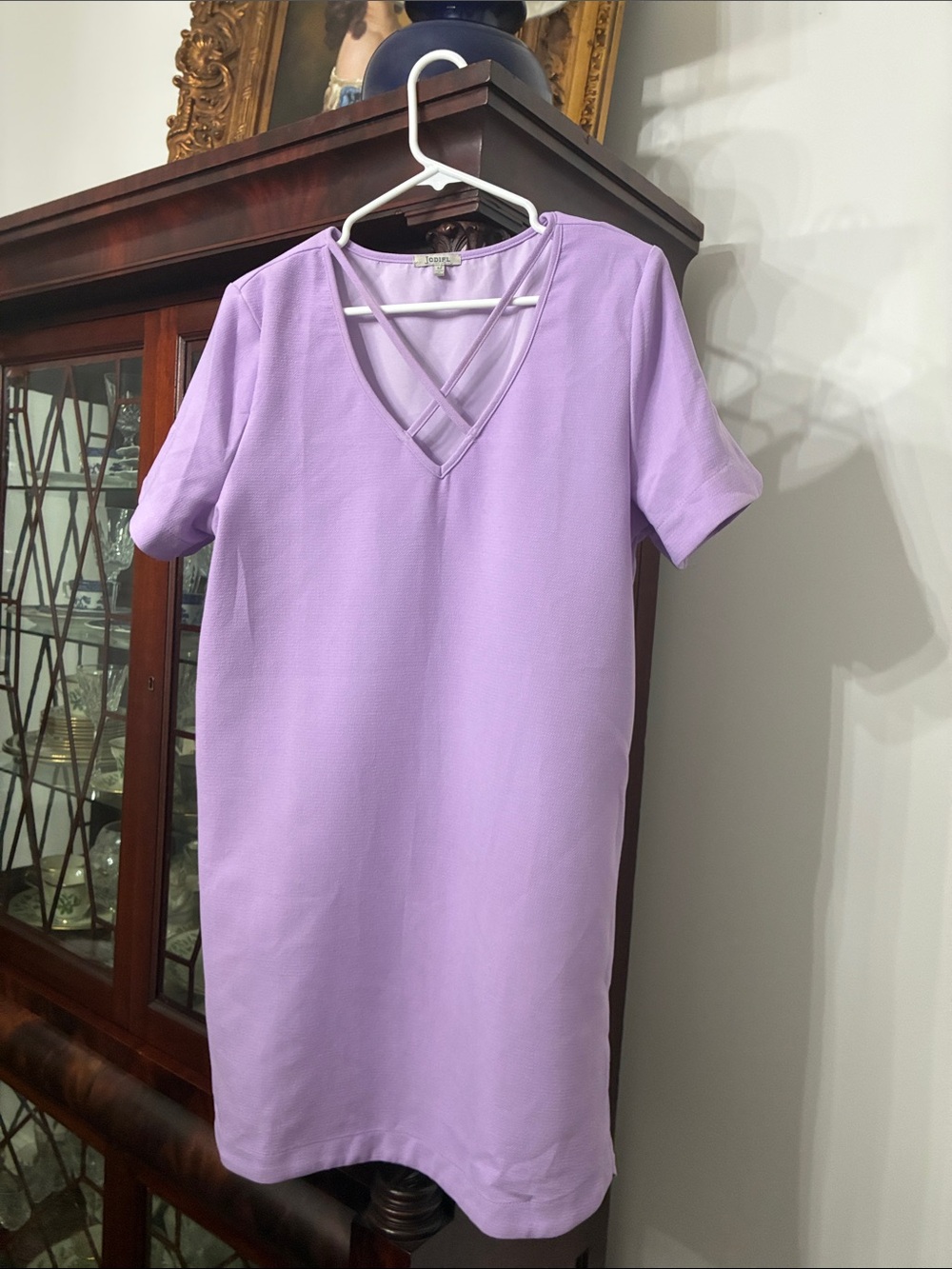 JODIFL Lavender Short Sleeve Shift Dress with Crisscross V-Neck